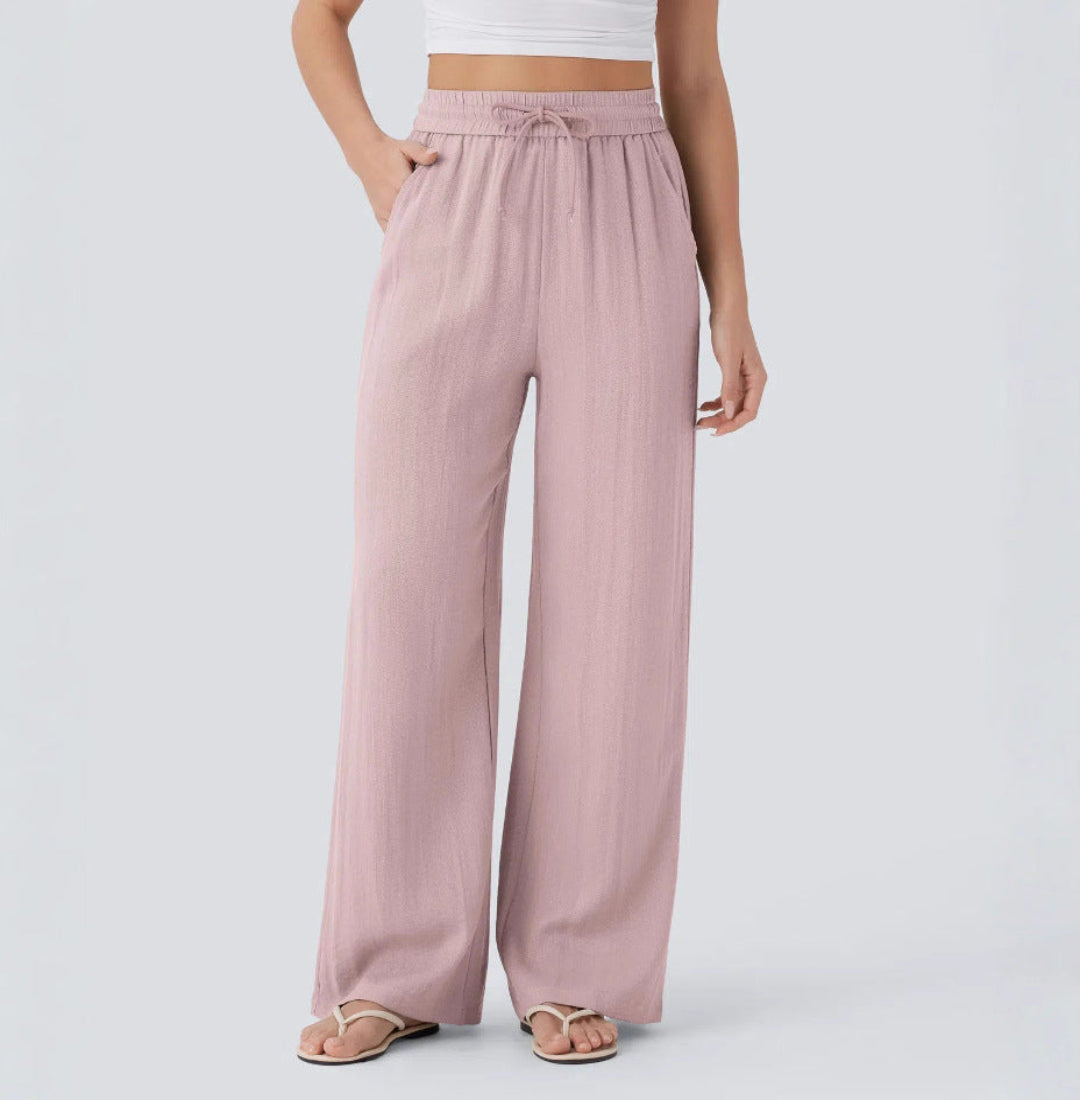 Pantalón Mujer Casual Talle Alto Pierna Ancha — Tejido Fluido con Bolsillos