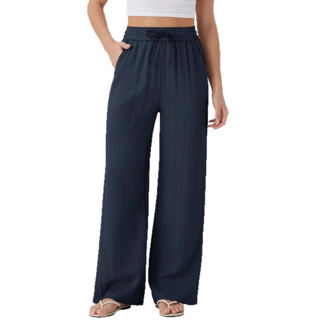 Pantalón Mujer Casual Talle Alto Pierna Ancha — Tejido Fluido con Bolsillos