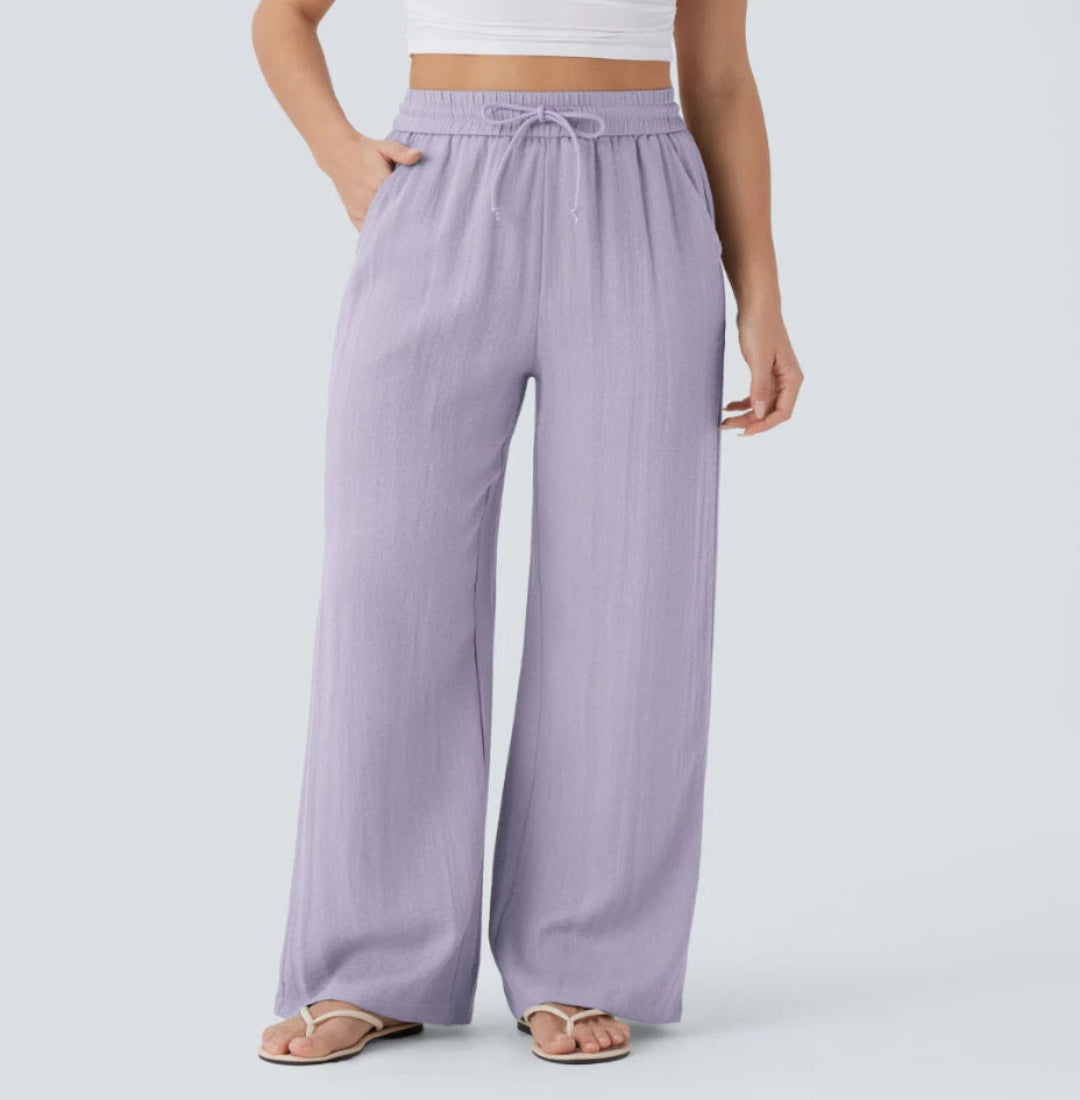 Pantalón Mujer Casual Talle Alto Pierna Ancha — Tejido Fluido con Bolsillos