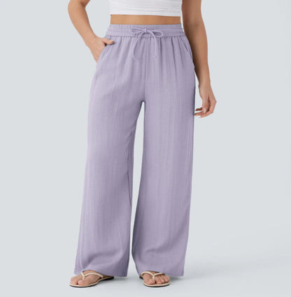 Pantalón Mujer Casual Talle Alto Pierna Ancha — Tejido Fluido con Bolsillos
