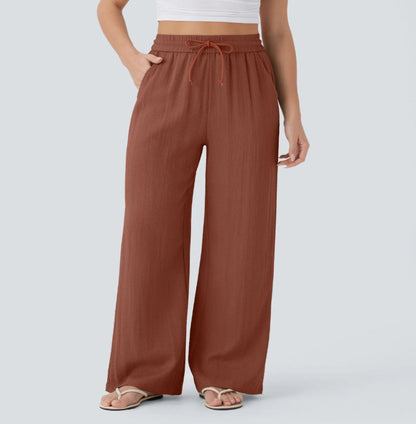 Pantalón Mujer Casual Talle Alto Pierna Ancha — Tejido Fluido con Bolsillos