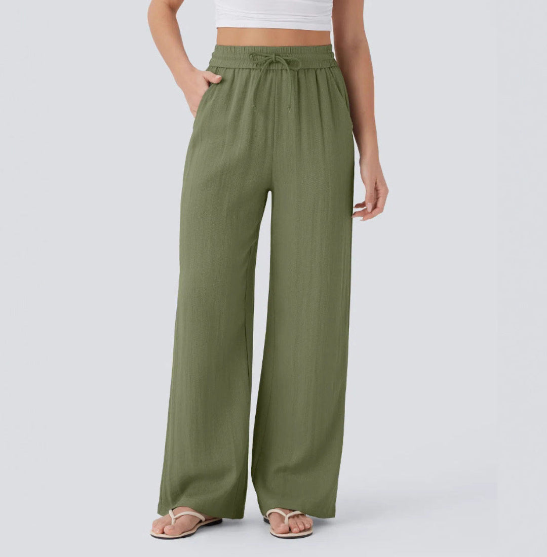 Pantalón Mujer Casual Talle Alto Pierna Ancha — Tejido Fluido con Bolsillos