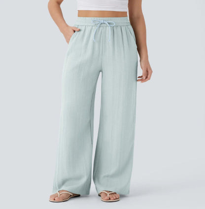 Pantalón Mujer Casual Talle Alto Pierna Ancha — Tejido Fluido con Bolsillos