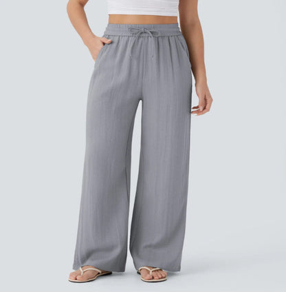 Pantalón Mujer Casual Talle Alto Pierna Ancha — Tejido Fluido con Bolsillos