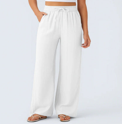 Pantalón Mujer Casual Talle Alto Pierna Ancha — Tejido Fluido con Bolsillos