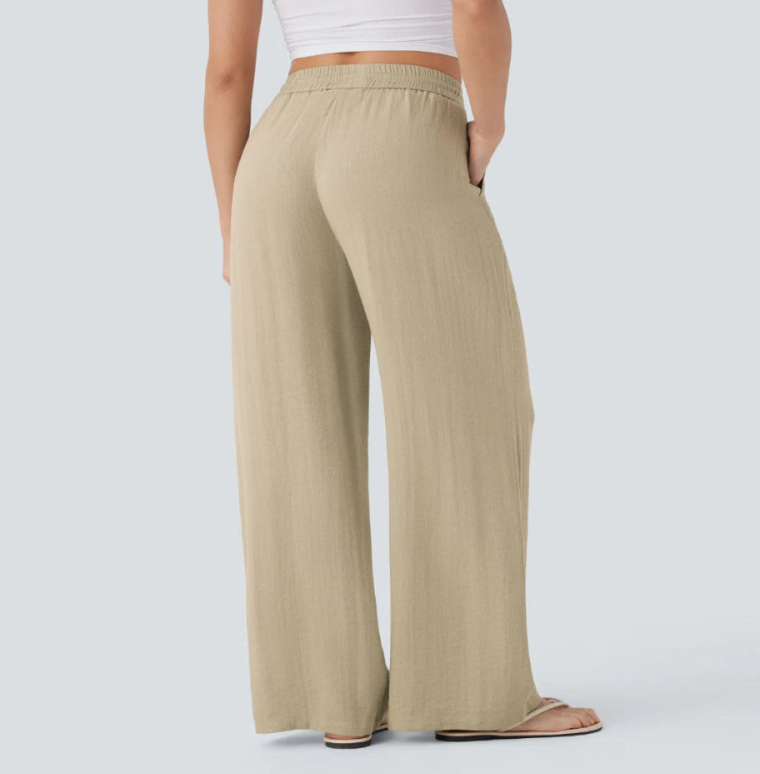 Pantalón Mujer Casual Talle Alto Pierna Ancha — Tejido Fluido con Bolsillos
