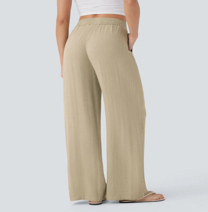 Pantalón Mujer Casual Talle Alto Pierna Ancha — Tejido Fluido con Bolsillos