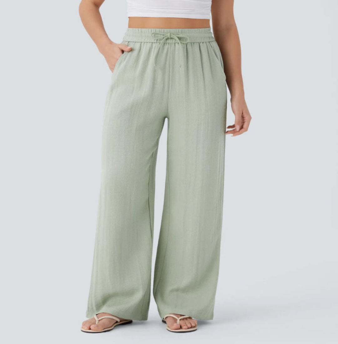 Pantalón Mujer Casual Talle Alto Pierna Ancha — Tejido Fluido con Bolsillos