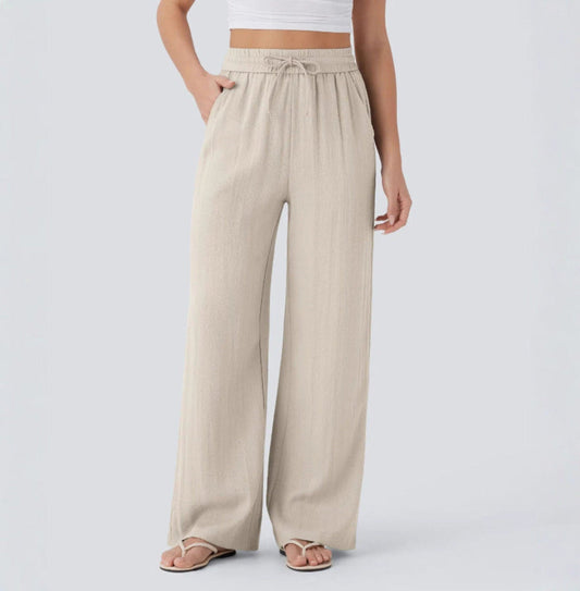 Pantalón Mujer Casual Talle Alto Pierna Ancha — Tejido Fluido con Bolsillos