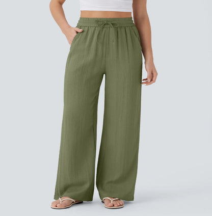Pantalón Mujer Casual Talle Alto Pierna Ancha — Tejido Fluido con Bolsillos
