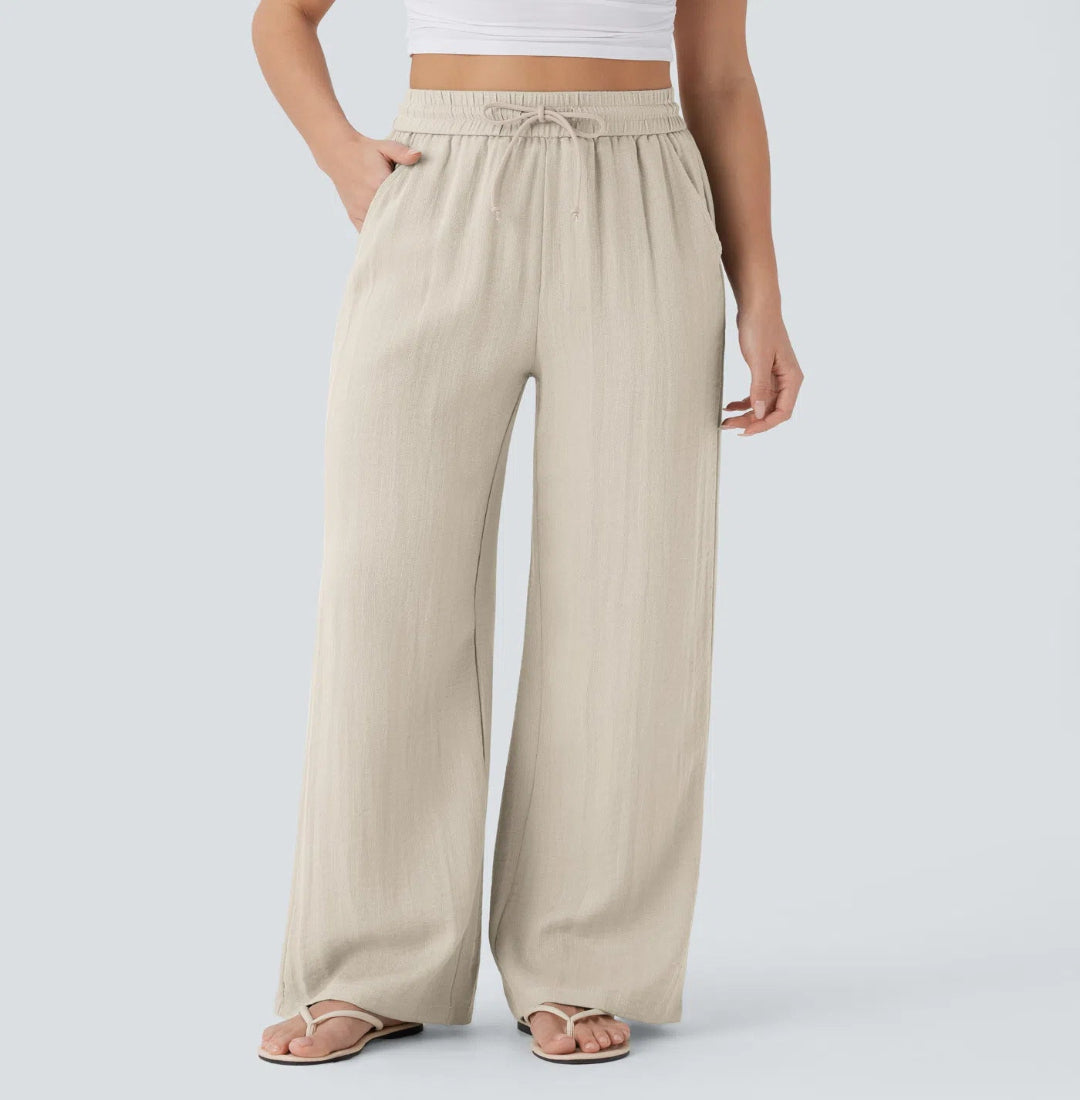 Pantalón Mujer Casual Talle Alto Pierna Ancha — Tejido Fluido con Bolsillos