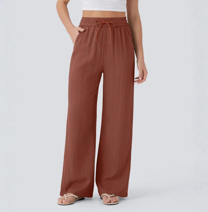 Pantalón Mujer Casual Talle Alto Pierna Ancha — Tejido Fluido con Bolsillos