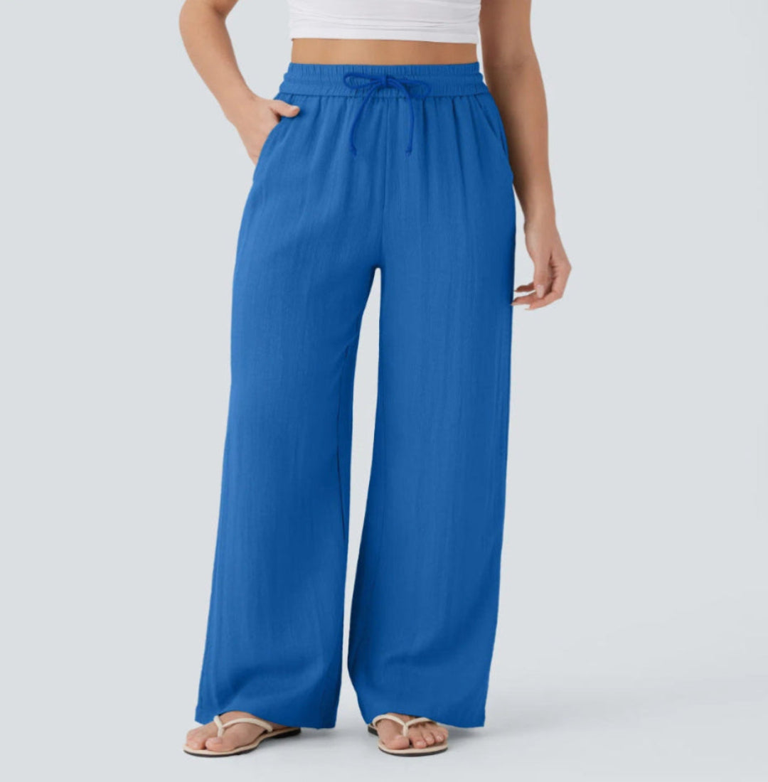 Pantalón Mujer Casual Talle Alto Pierna Ancha — Tejido Fluido con Bolsillos