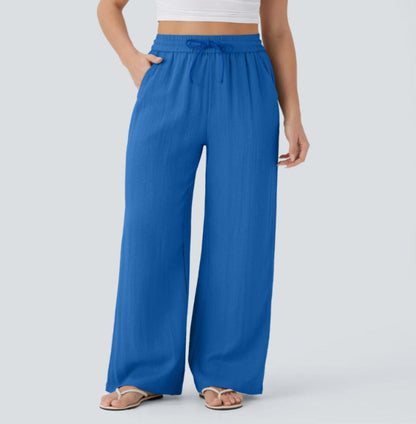 Pantalón Mujer Casual Talle Alto Pierna Ancha — Tejido Fluido con Bolsillos