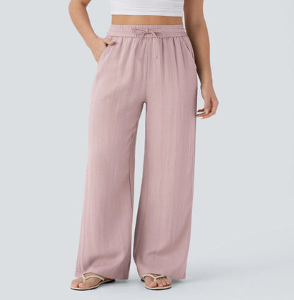 Pantalón Mujer Casual Talle Alto Pierna Ancha — Tejido Fluido con Bolsillos