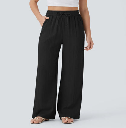 Pantalón Mujer Casual Talle Alto Pierna Ancha — Tejido Fluido con Bolsillos